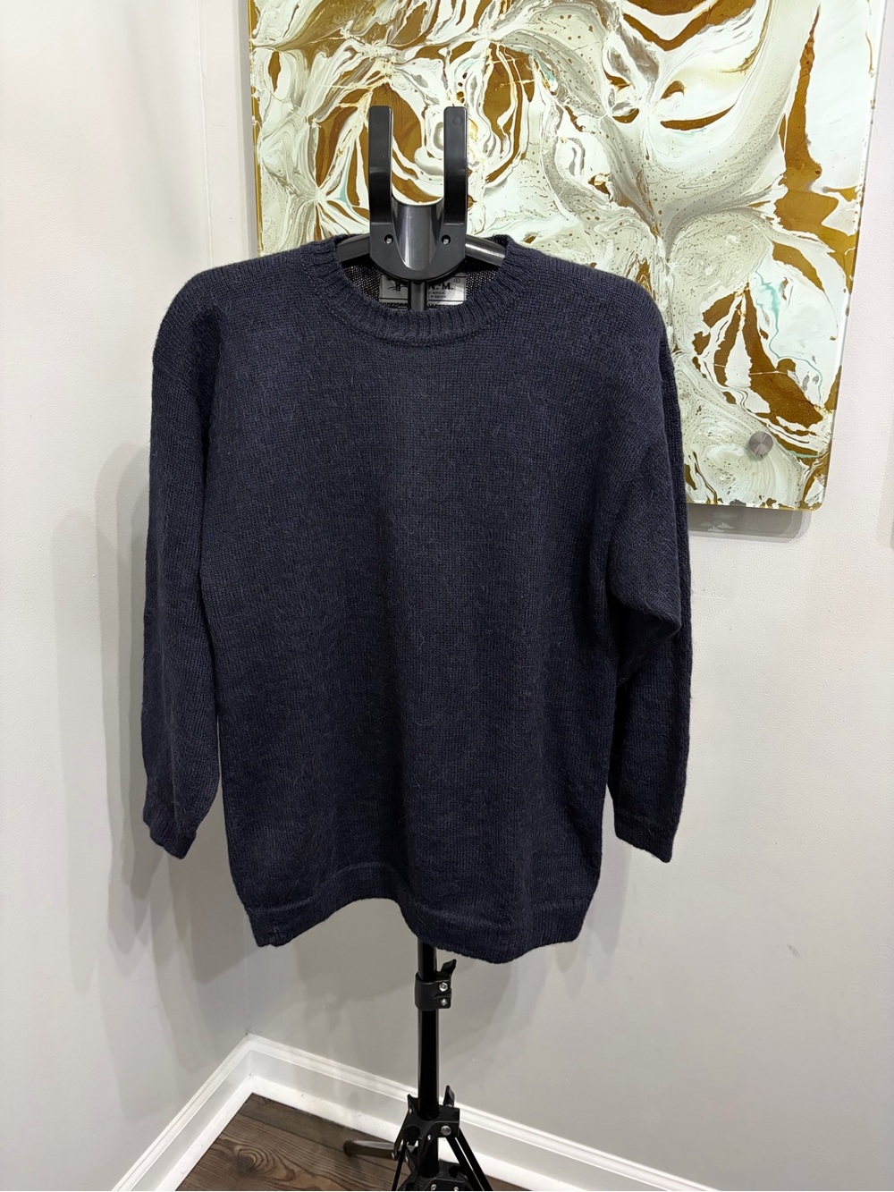 LAM Bolivia 100% Alpaca Wool Crewneck Knit Sweater Navy Blue Grey Size Large